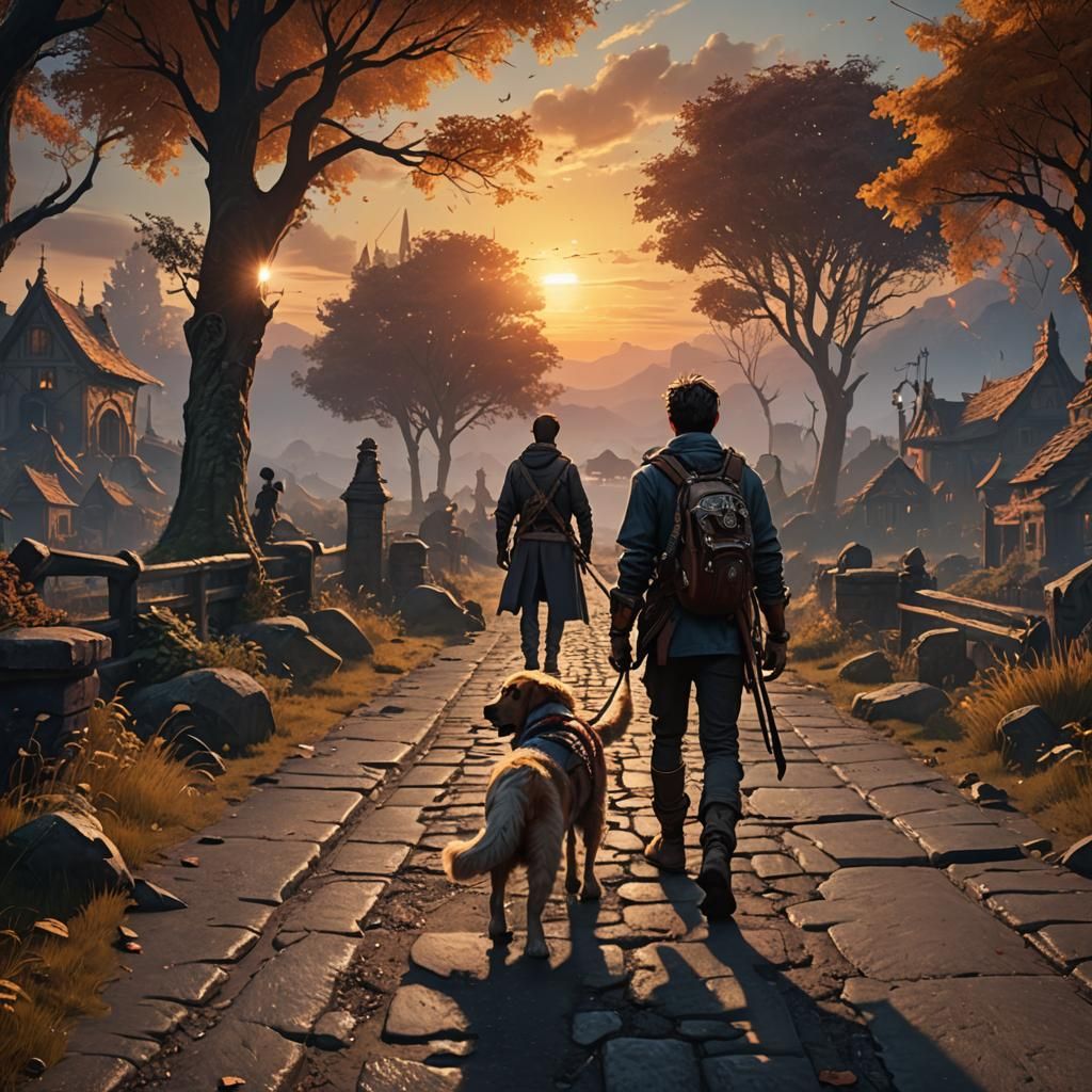 Sunset Walk with Dog: Fantasy Concept Art