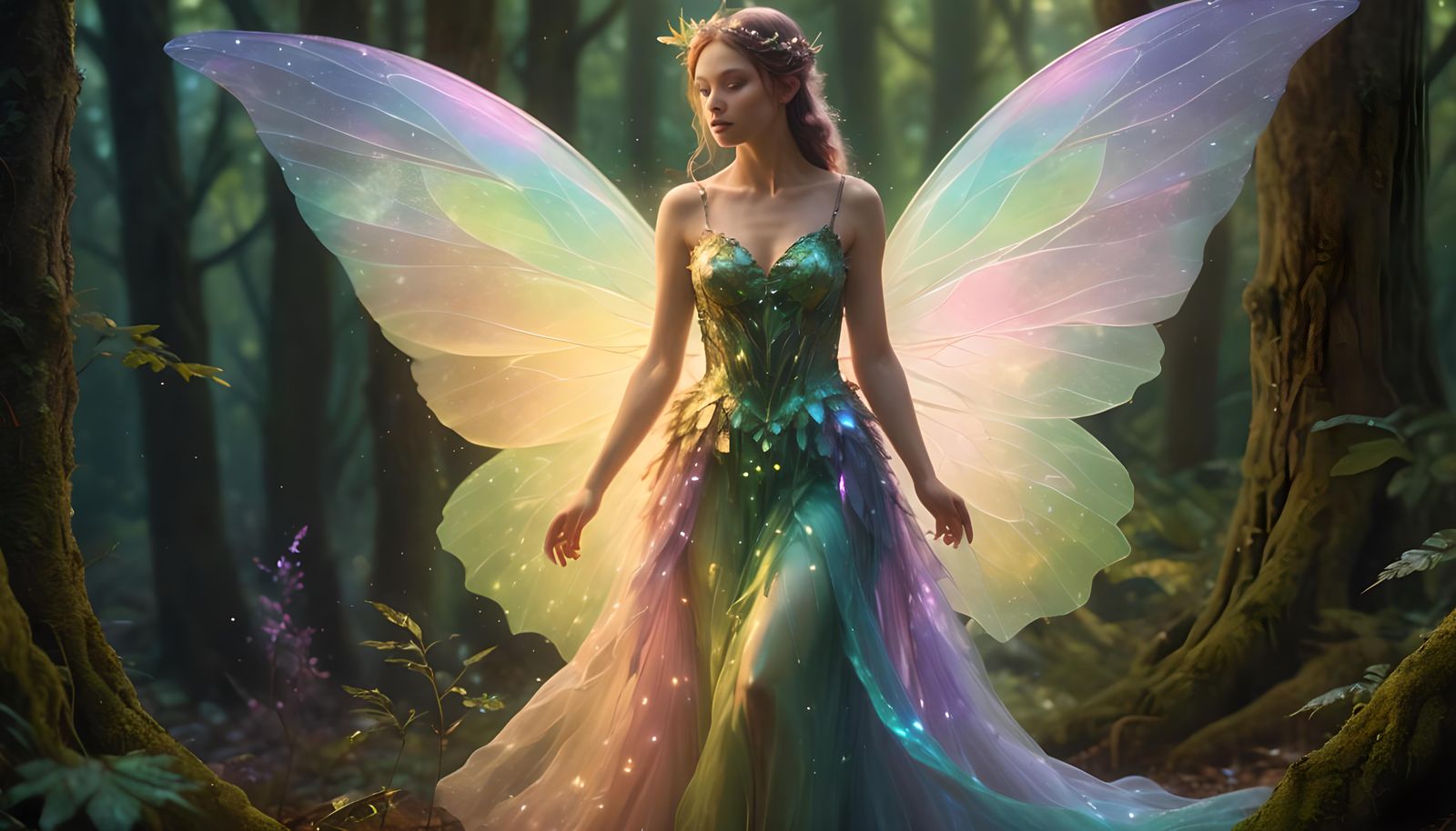 Ethereal Fairy in Mystical Forest, Hyperrealistic Image