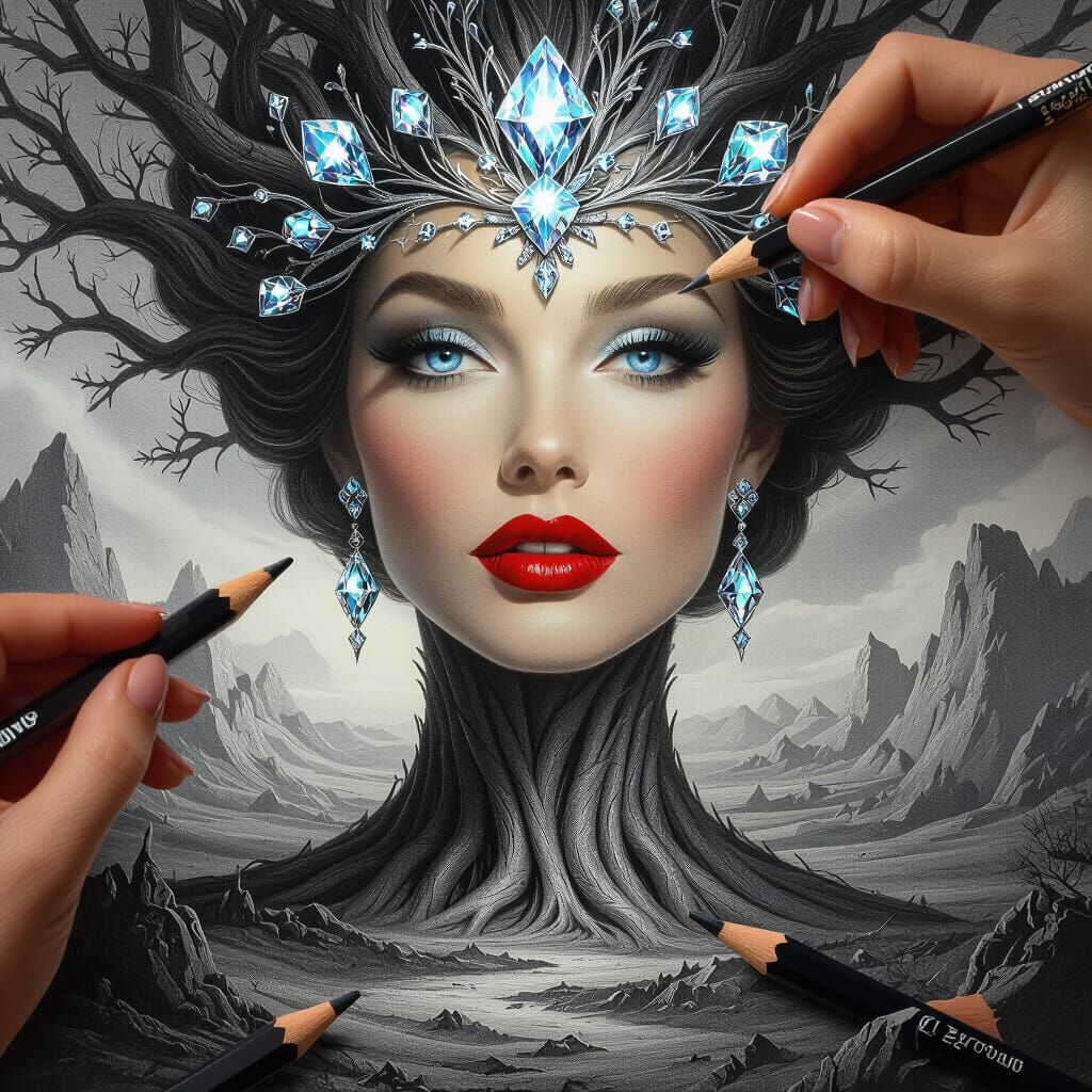 Regal Woman Drawn as Pencil Tree in Surreal Landscape