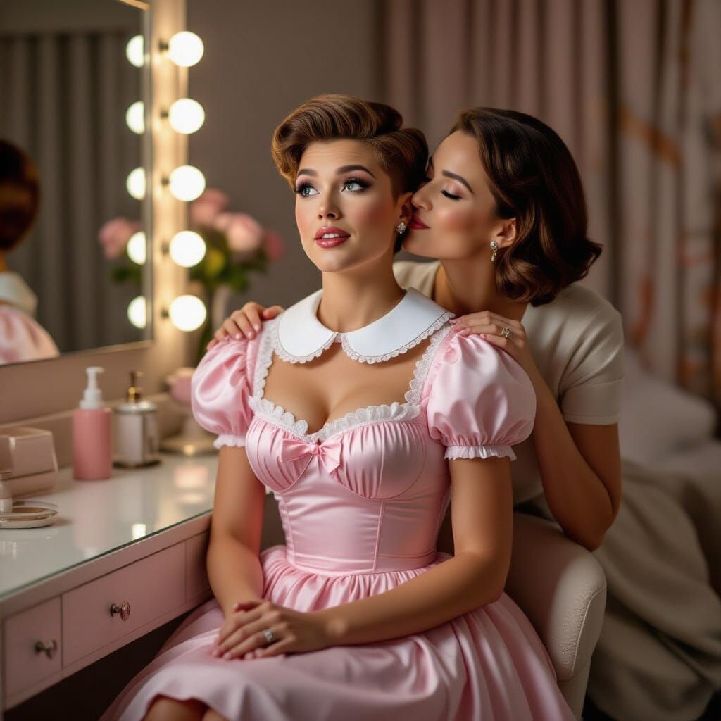 Man in Pink Dress at Vanity, Romantic Scene