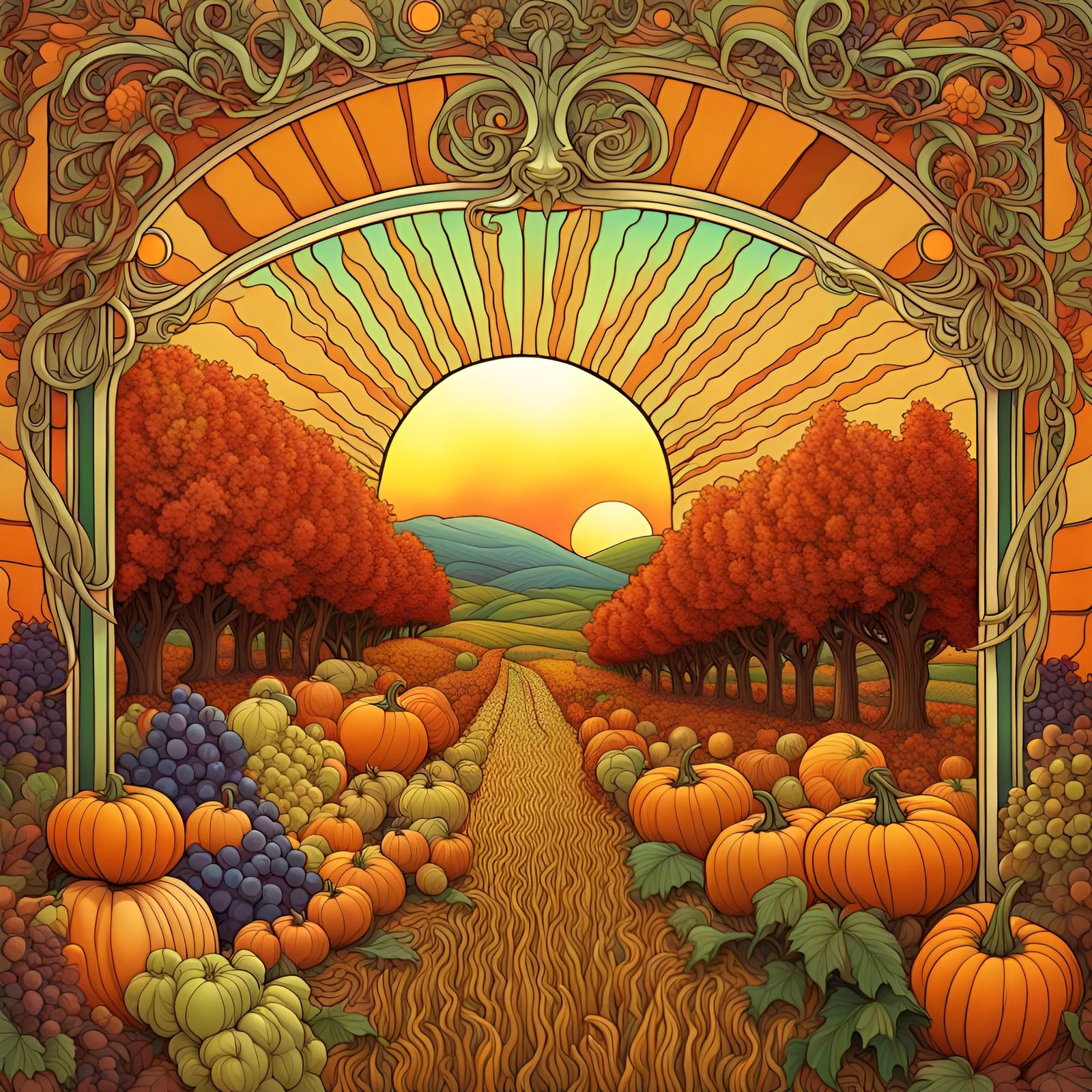 Psychedelic Art Nouveau Harvest Fall Landscape