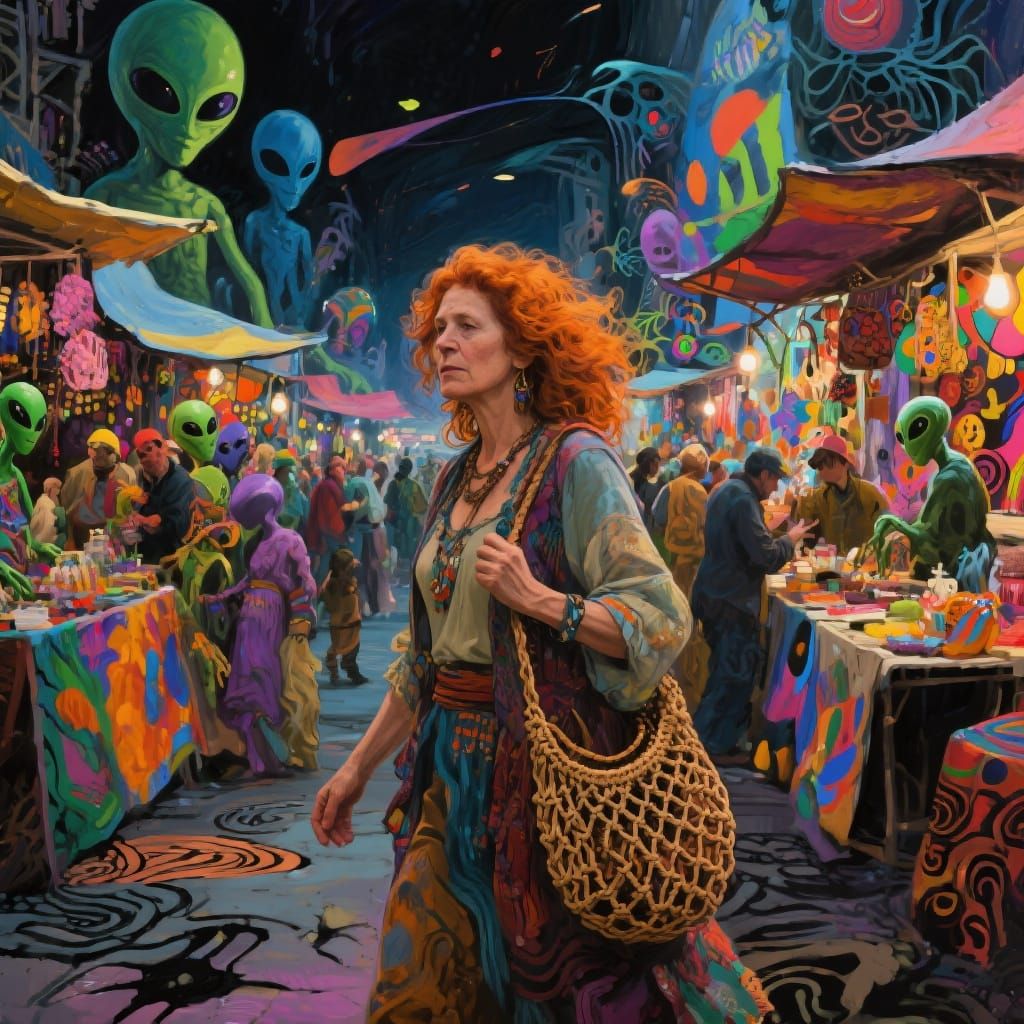 Alien Bazaar Scene with Bohemian Woman