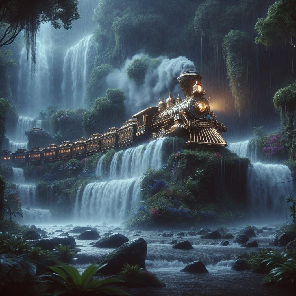 Steampunk Sapphire Train Emerges from Waterfall