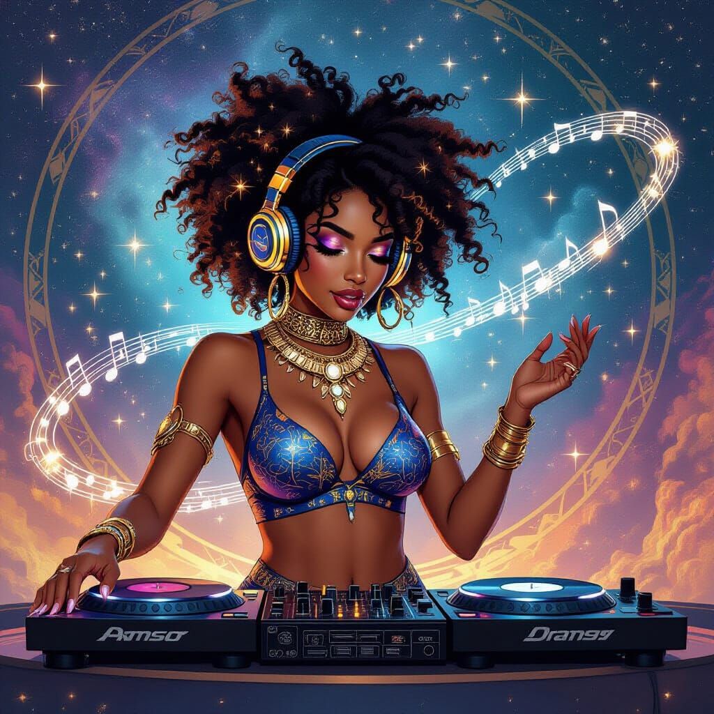 Afro-Latina DJ on Cosmic Stage in Surrealist Style
