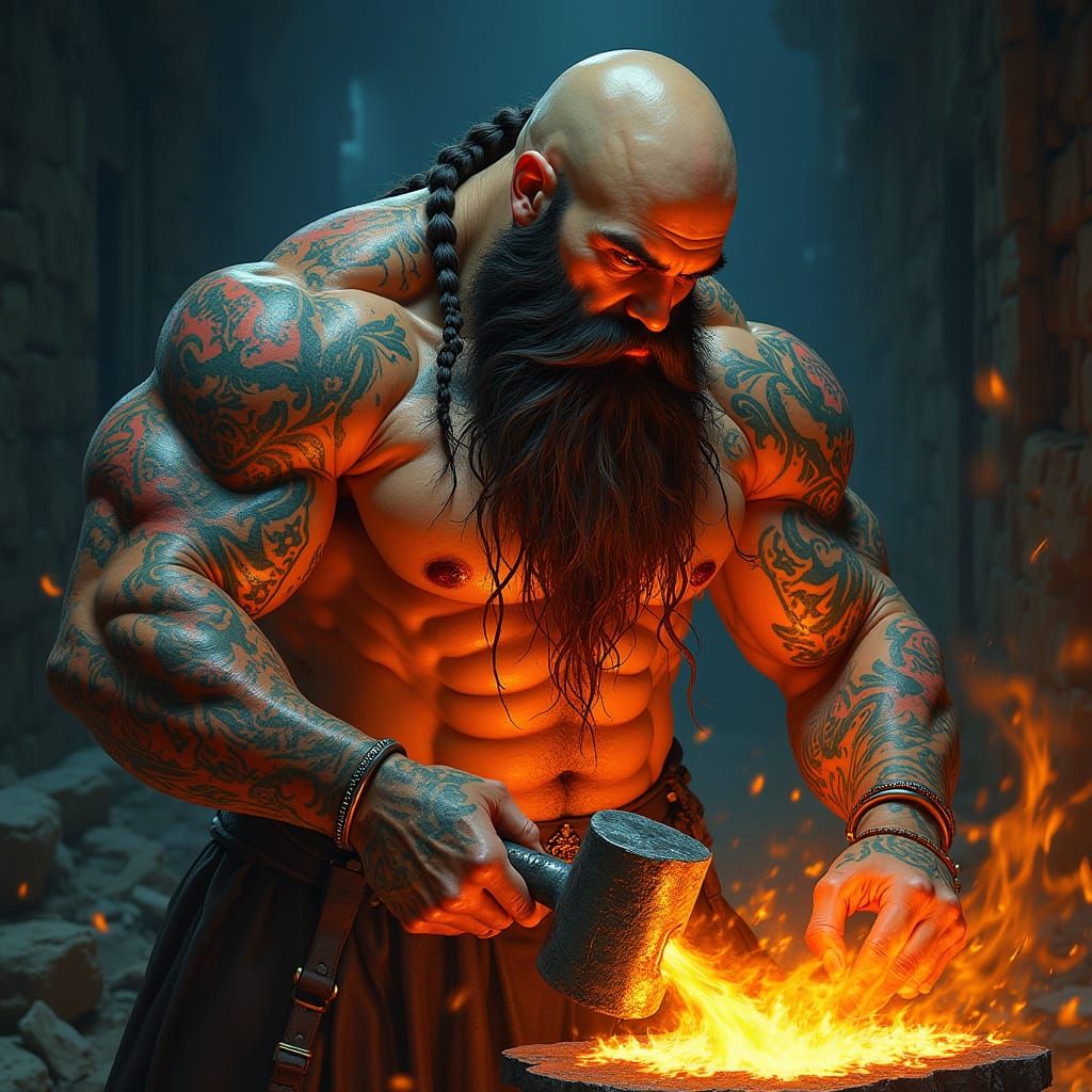 Mighty Blacksmith Tames Nighttime Forge Flames