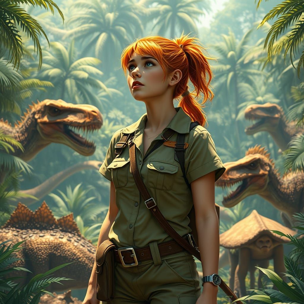 Archaeologist Stunned by Dinosaurs in Jungle, Digital Art