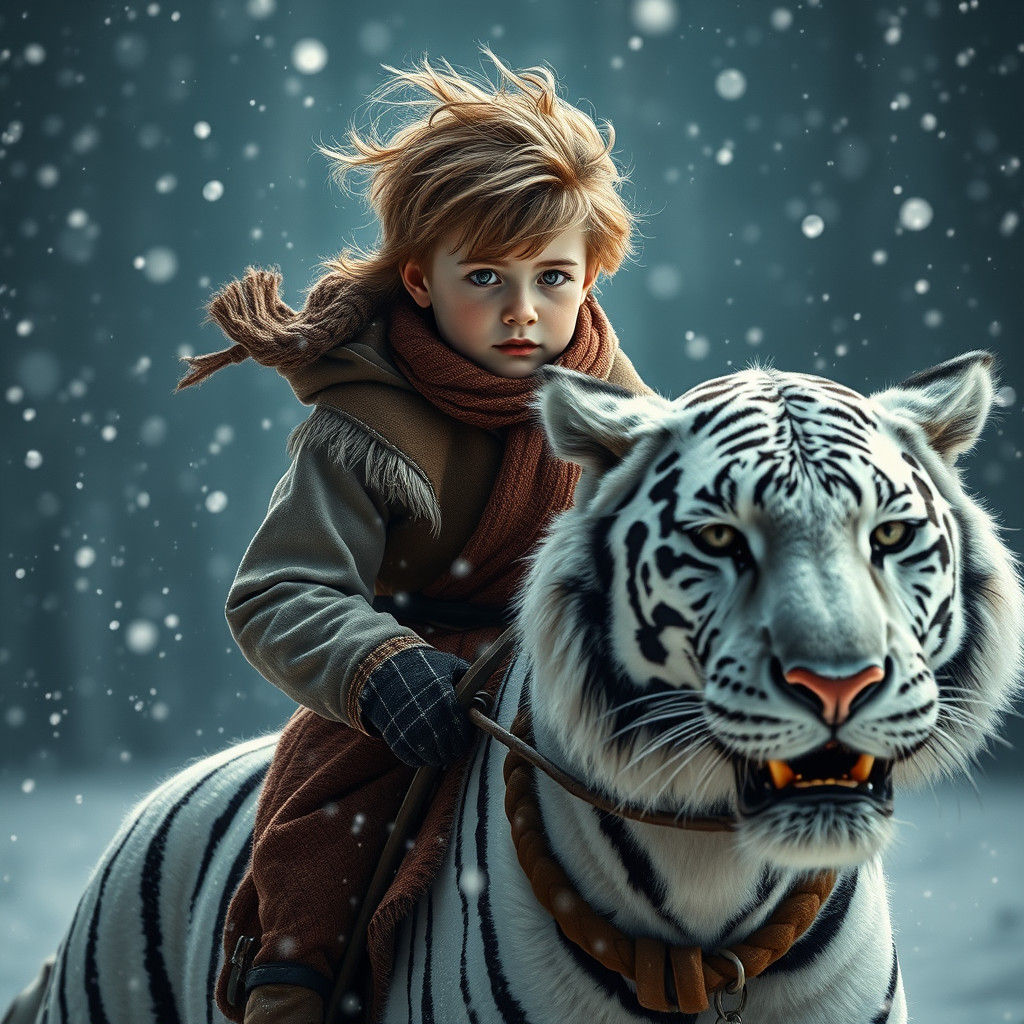 Boy Rides Snow Tiger in Winter Storm
