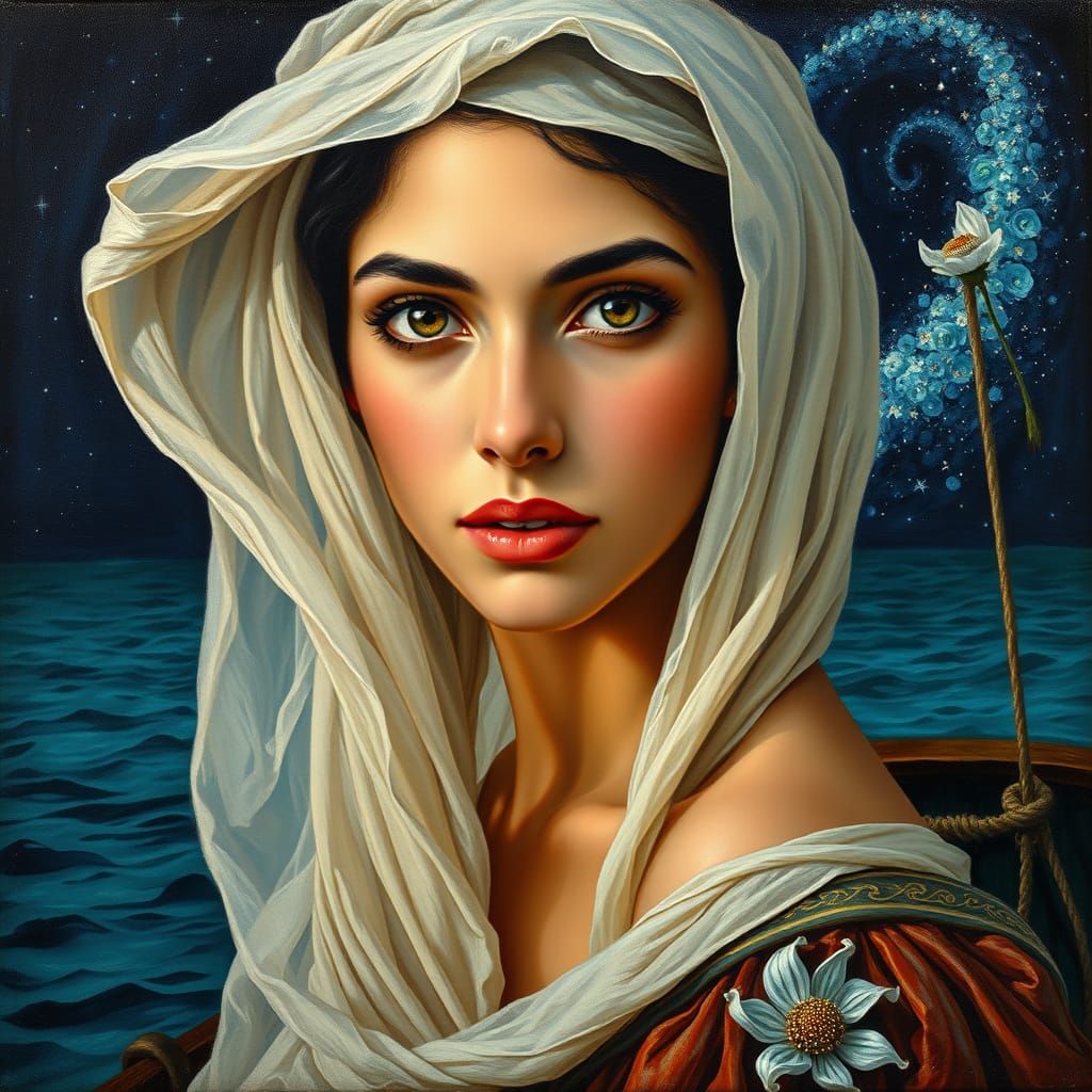 Middle Eastern Woman Portrait with Starry Night in Chiaroscu...