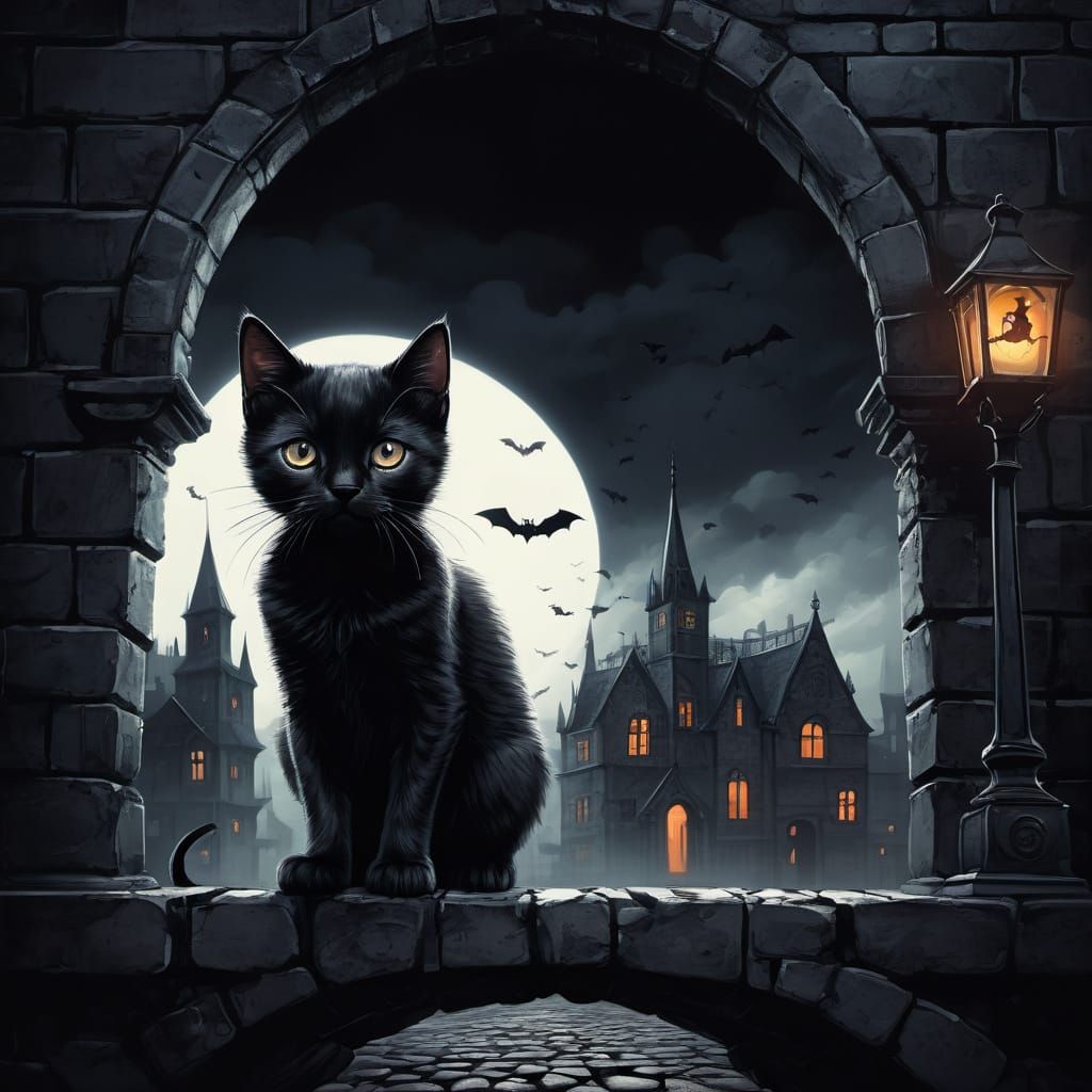 Gothic Kitten Illustration in Graphic Novel Style