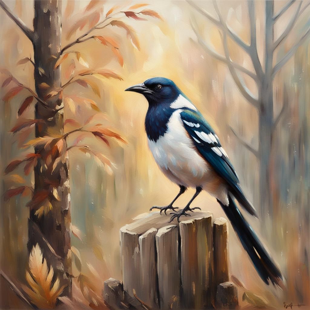 Impressionist Magpie Portrait in Autumn Mist