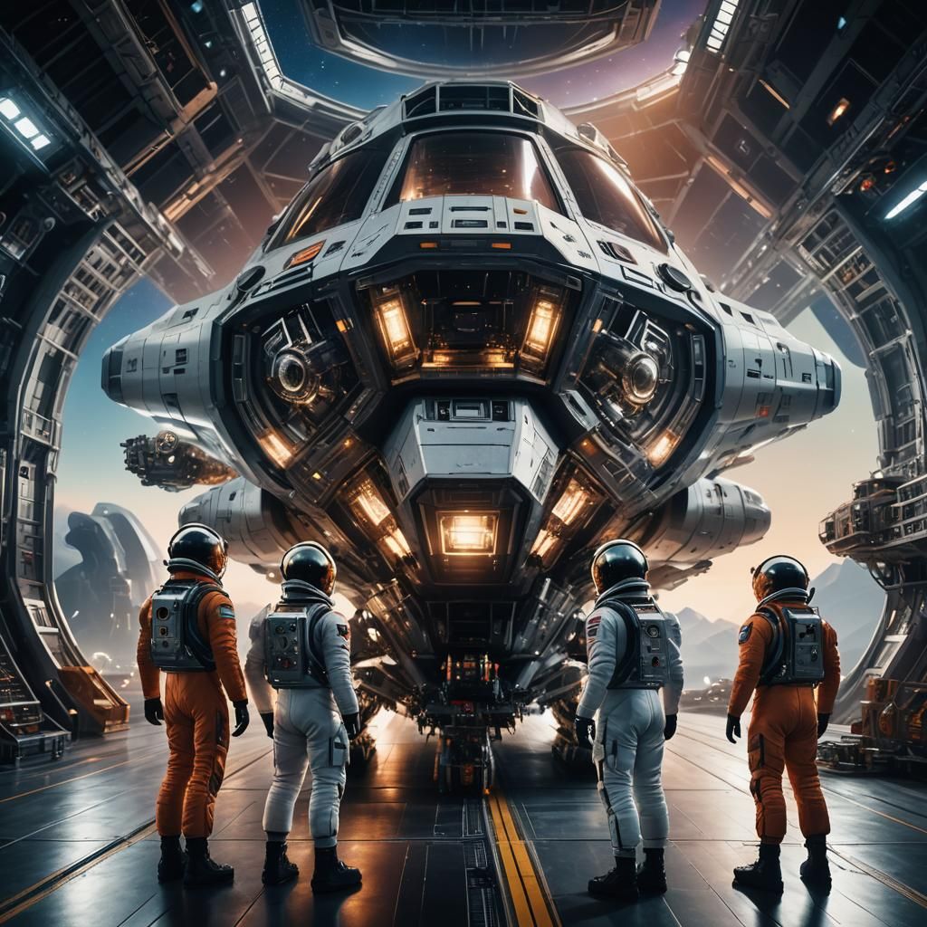 Astronauts and Aliens Unveiling Spacecraft in Twilight