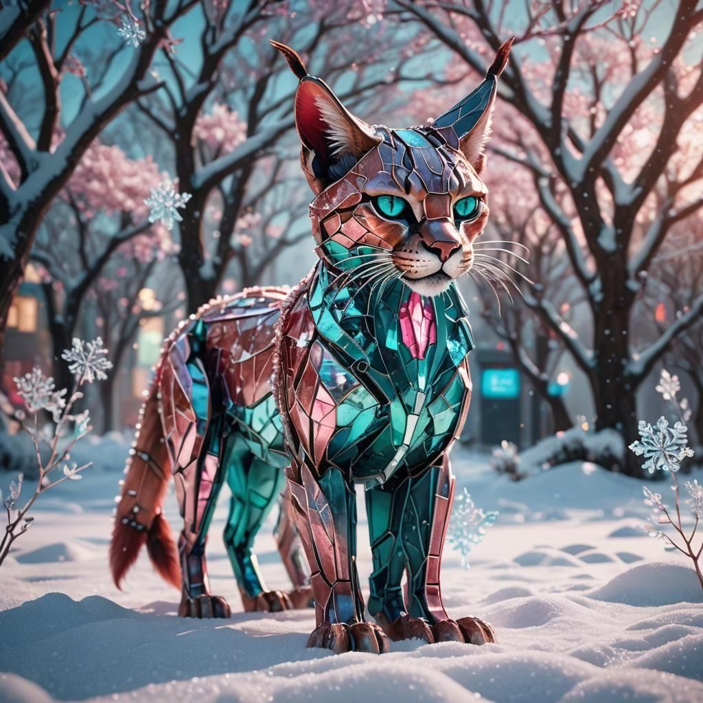 Biomechanical Caracal in Stained Glass, Sci-Fi Render