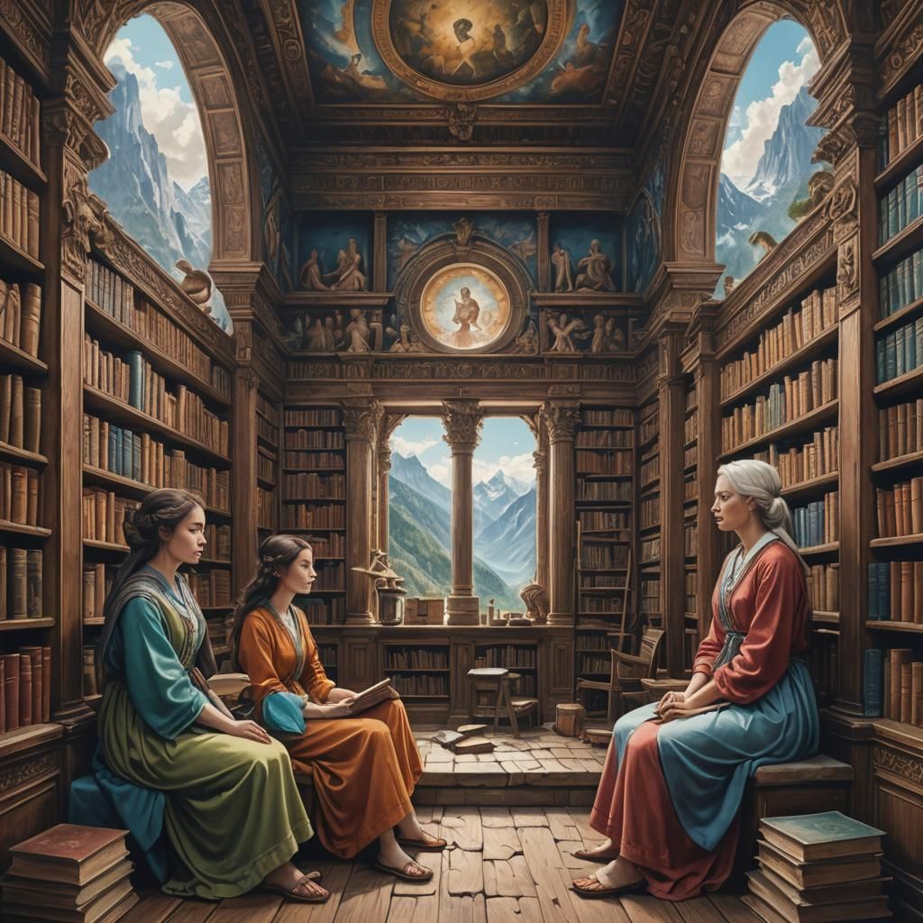 Women in Ancient Library Between Mountains and Sky