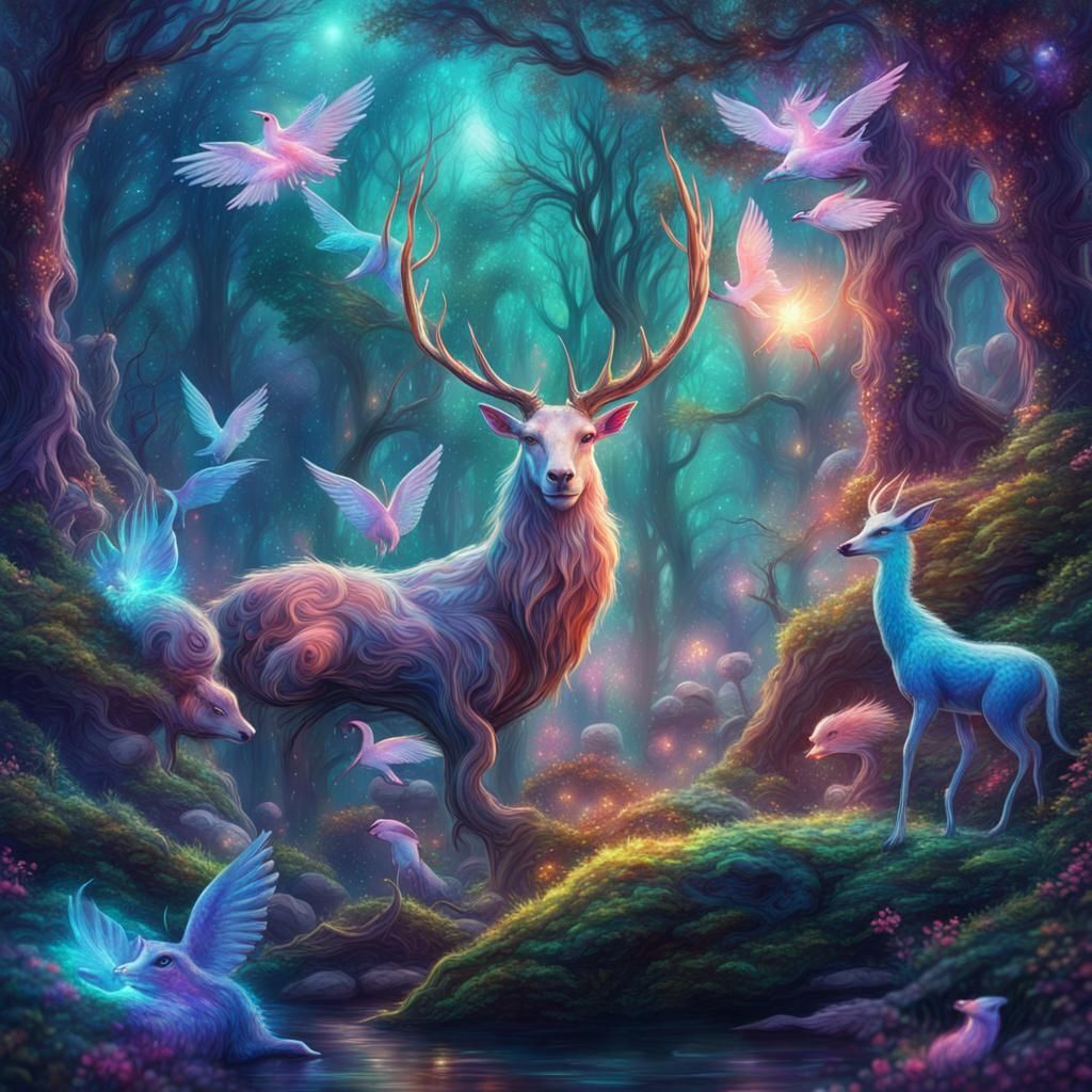 Magical Forest with Mythical Creatures, Astral Illustration