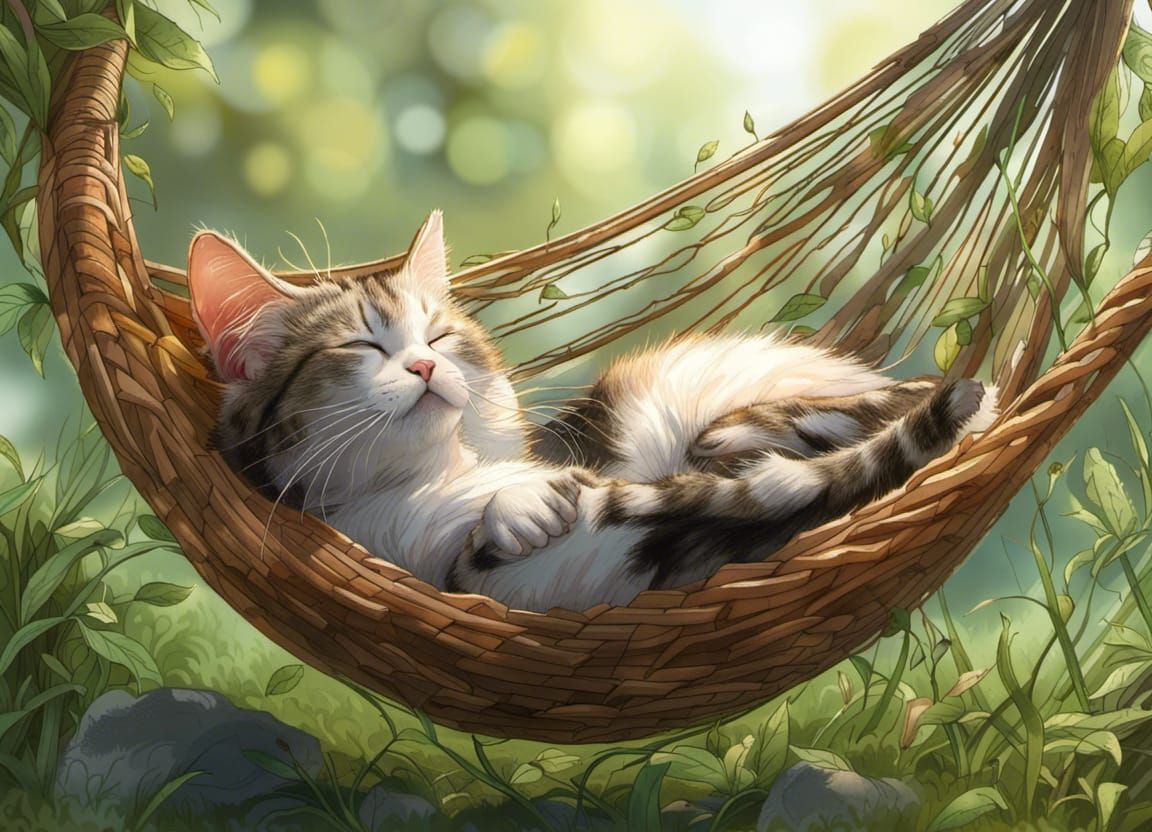 Cat's Lazy Hammock Nap: Detailed Digital Art