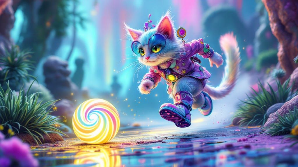 Iridescent Cat Plays Golf in Surrealist Style