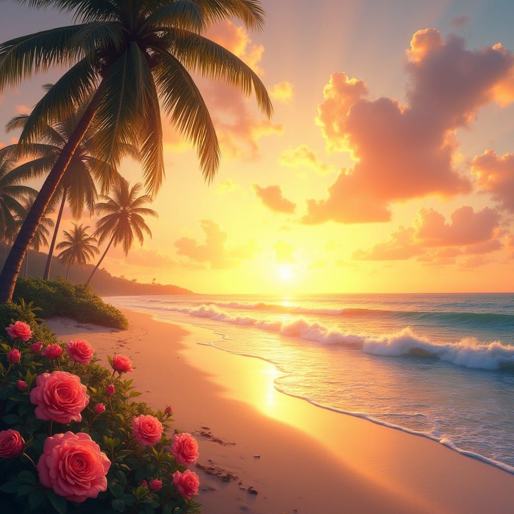 Ethereal Sunrise on Tropical Beach with Blooming Flowers