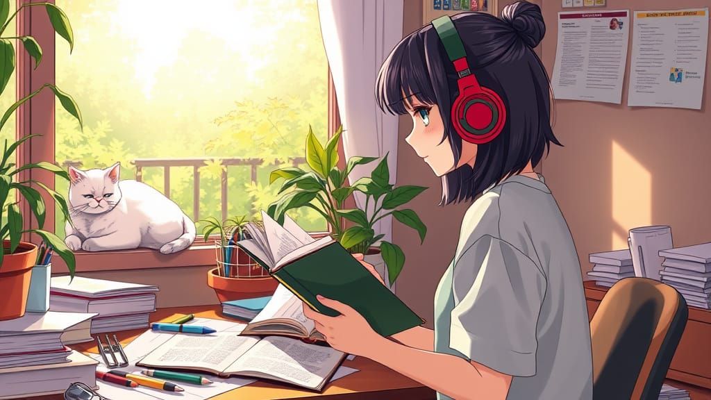 Girl in Cozy Study Scene with Cat and Greenery