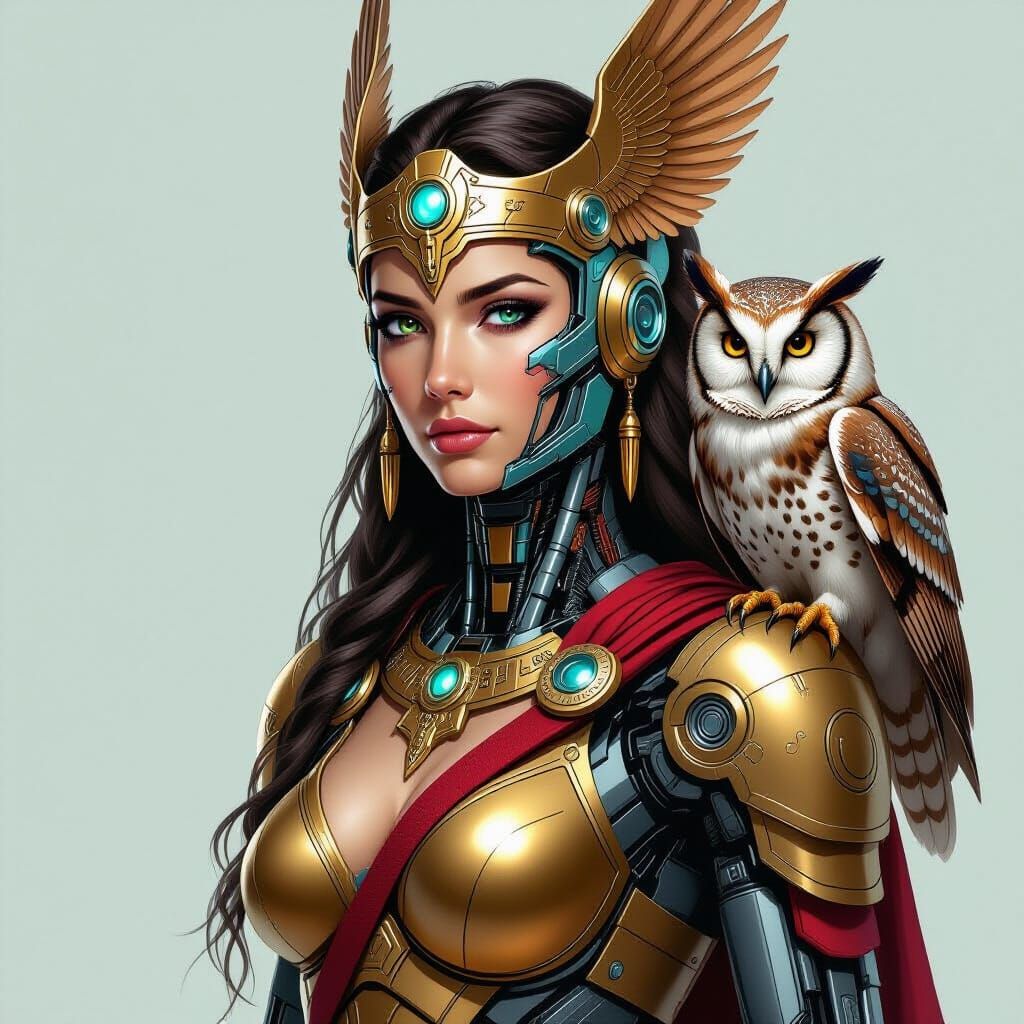 Cyborg Goddess Athena with Robotic Owl