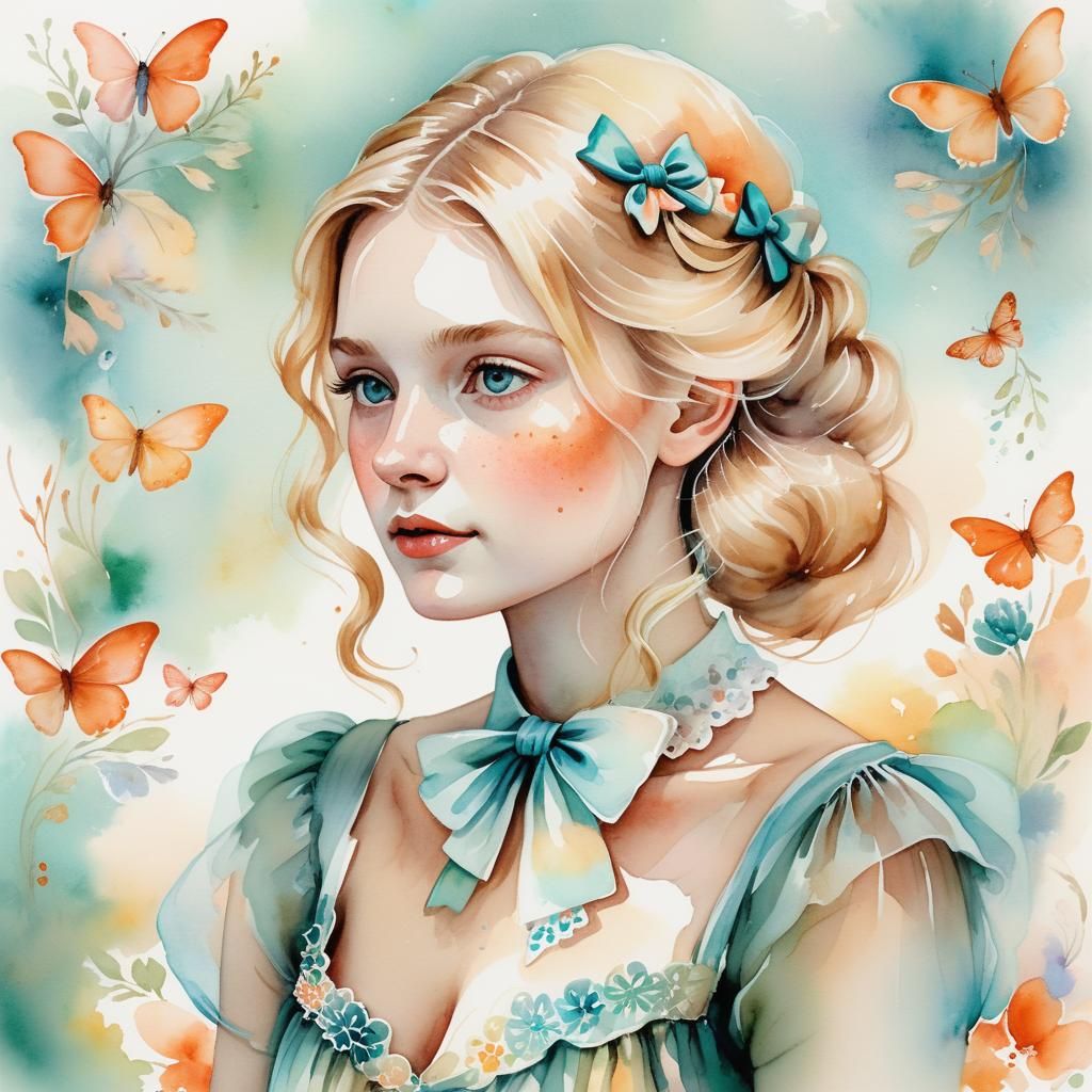 Ethereal Watercolor Portrait of Woman in Bowtie Dress