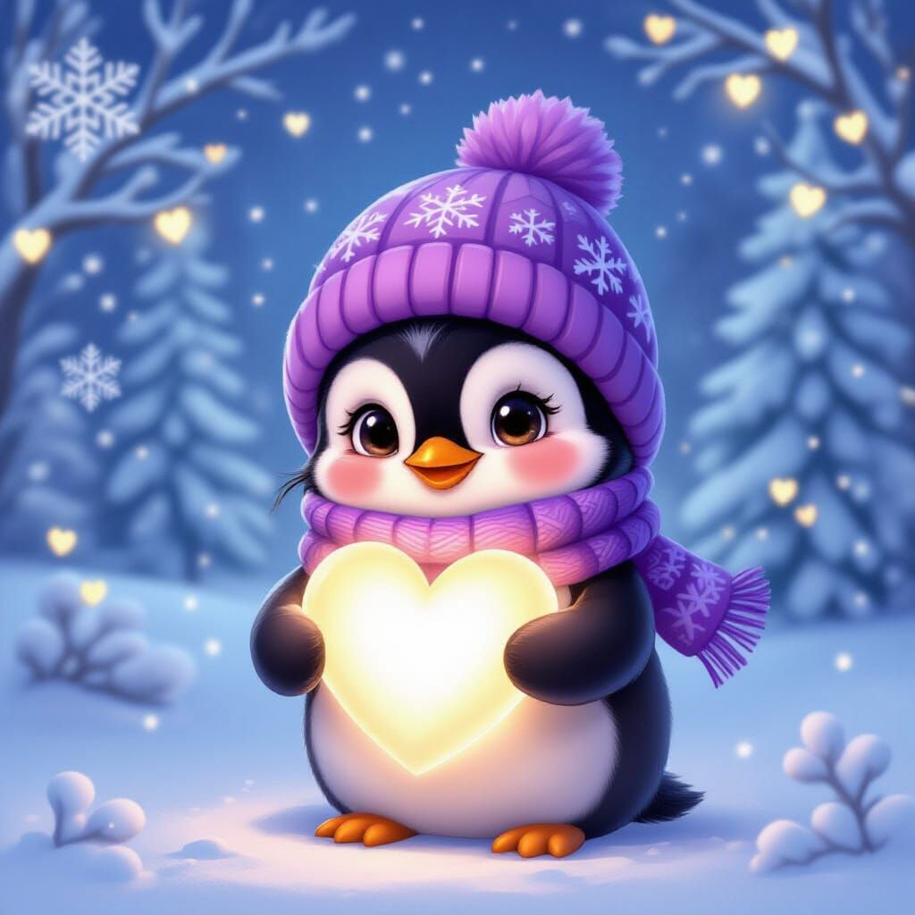 Chibi Penguin in Winter Wonderland with Glowing Heart
