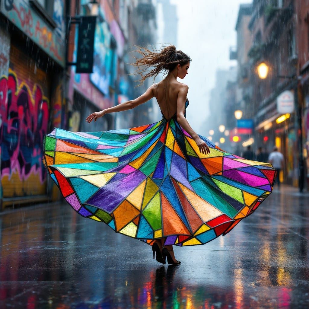 Ethereal Cathedral Goddess in Vibrant Stained Glass Dress