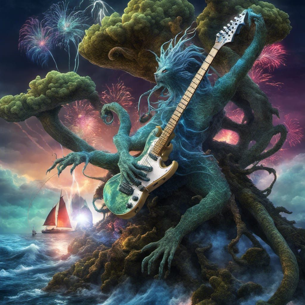 Fractal Kraken Shreds Guitar in Fantasy Wonderland