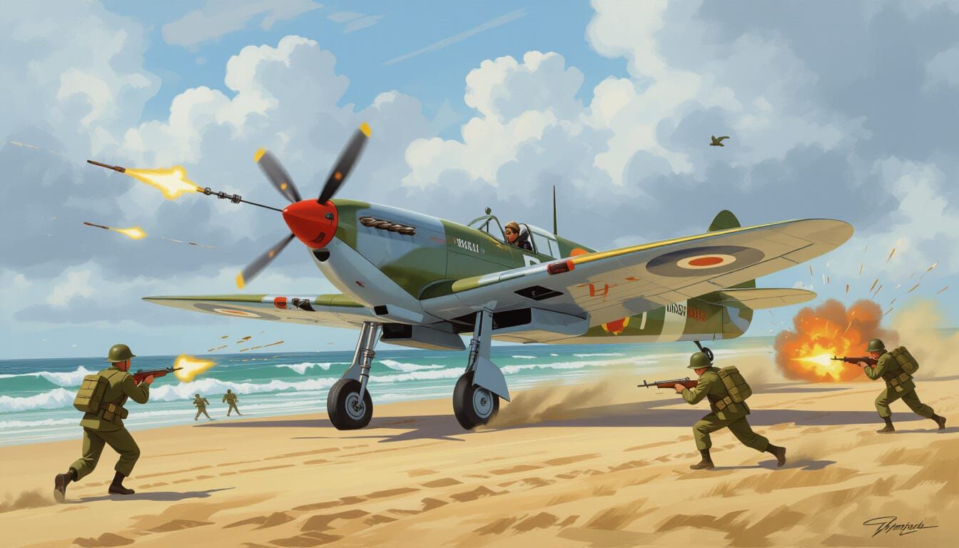 Spitfire Plane Attack on Beach in Hyperrealistic Splash Art ...