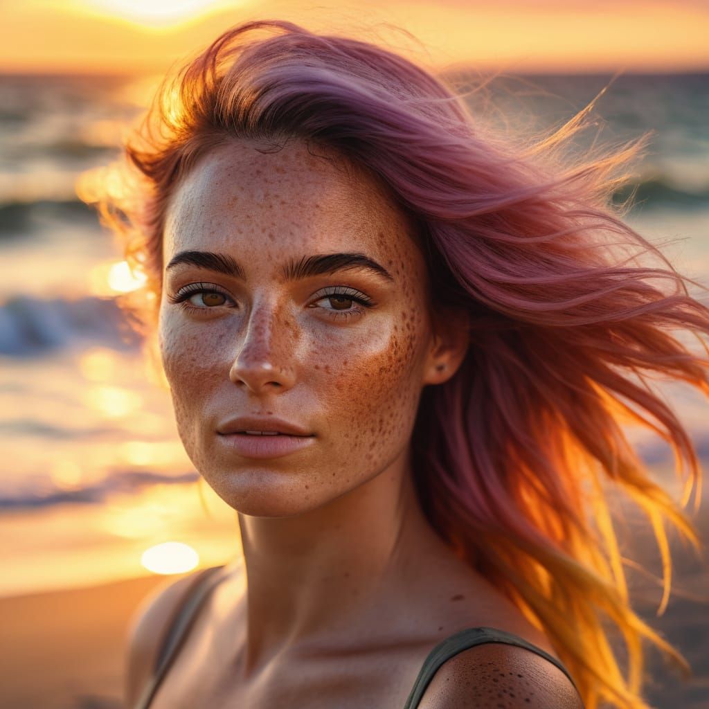 Beautiful Woman with Freckles at Sunset, Ultra-Realistic