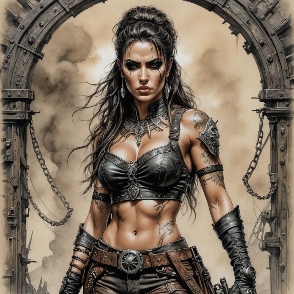 Magnificent Woman Poses on Derrick in Ink Style