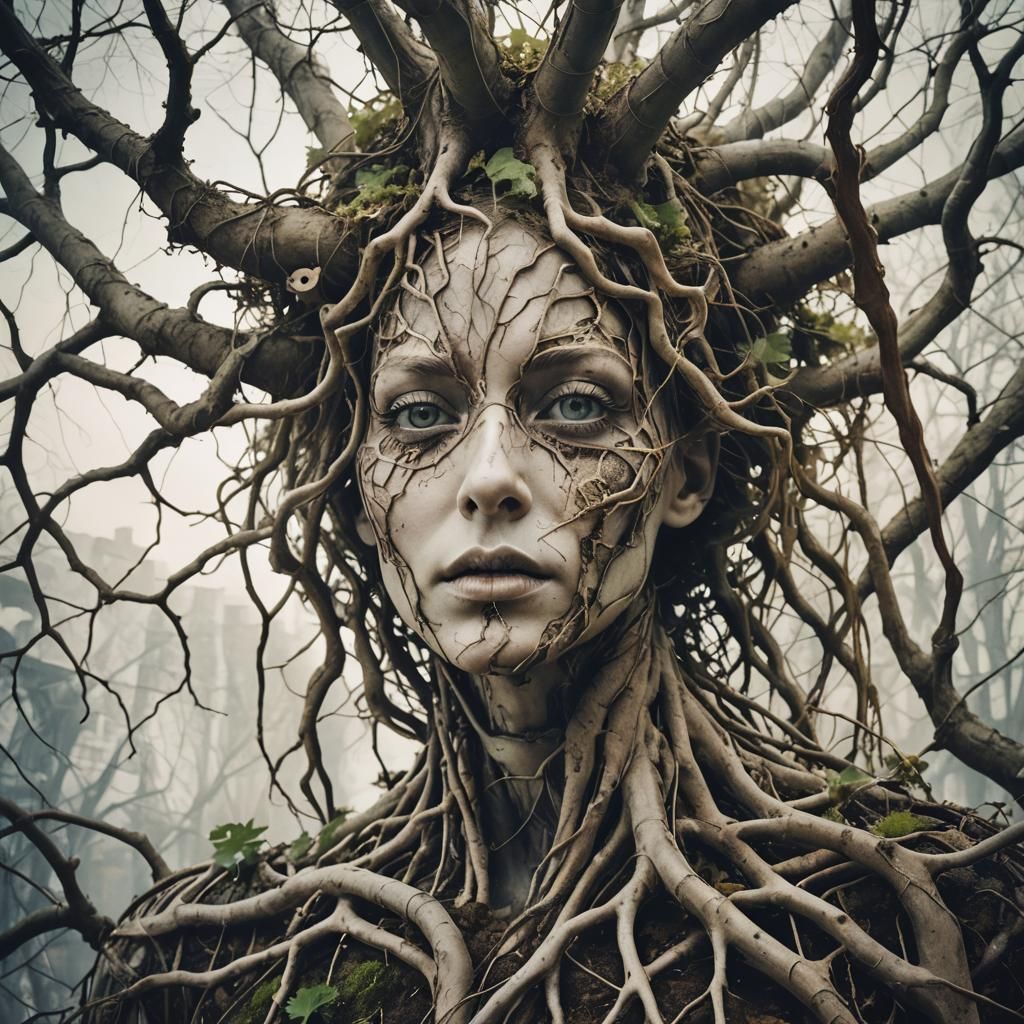 Surreal Root Creature in Steampunk Cityscape