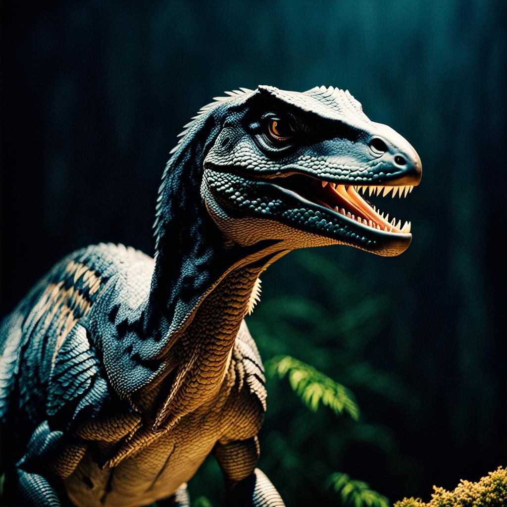 Philosophical Velociraptor in Cinematic Style