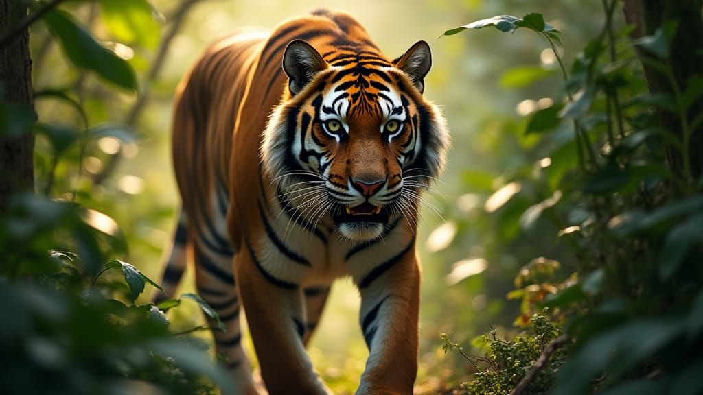 Bengal Tiger Stalking Through Rainforest: Photorealistic Ima...