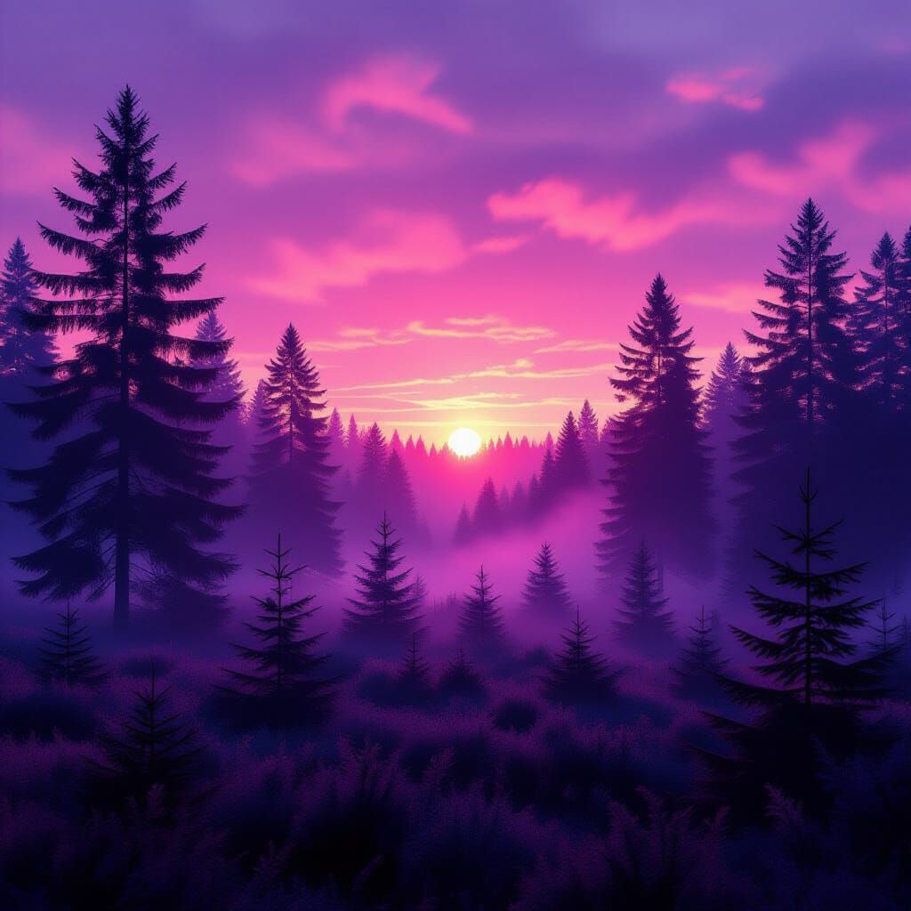 Ethereal Magenta Mist Over Pine Forest at Sunrise