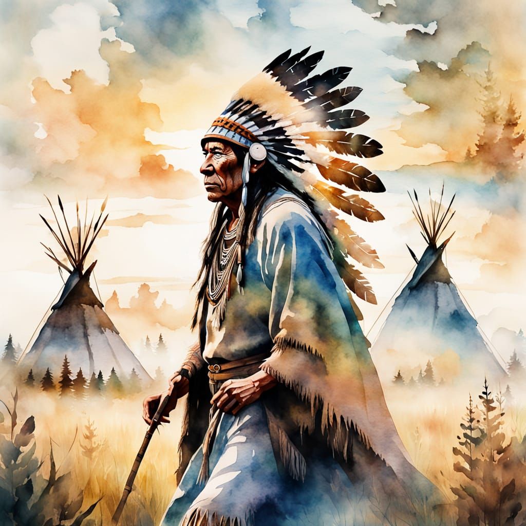 Native American Chief in Watercolor Double-Exposure