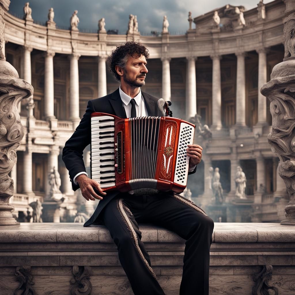 Balkan Accordionist in Piazza Venezia: Digital Matte Paintin...