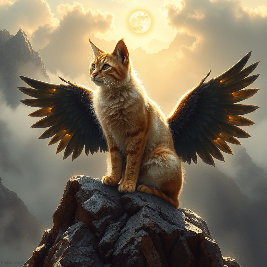 Winged Cat on Rocky Cliff, Digital Matte Painting