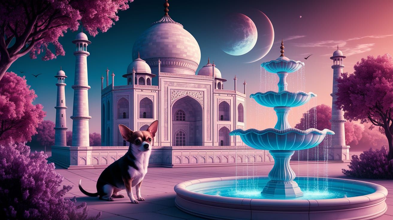 Chihuahua Before Taj Mahal Doghouse in Cosmic Horror Style