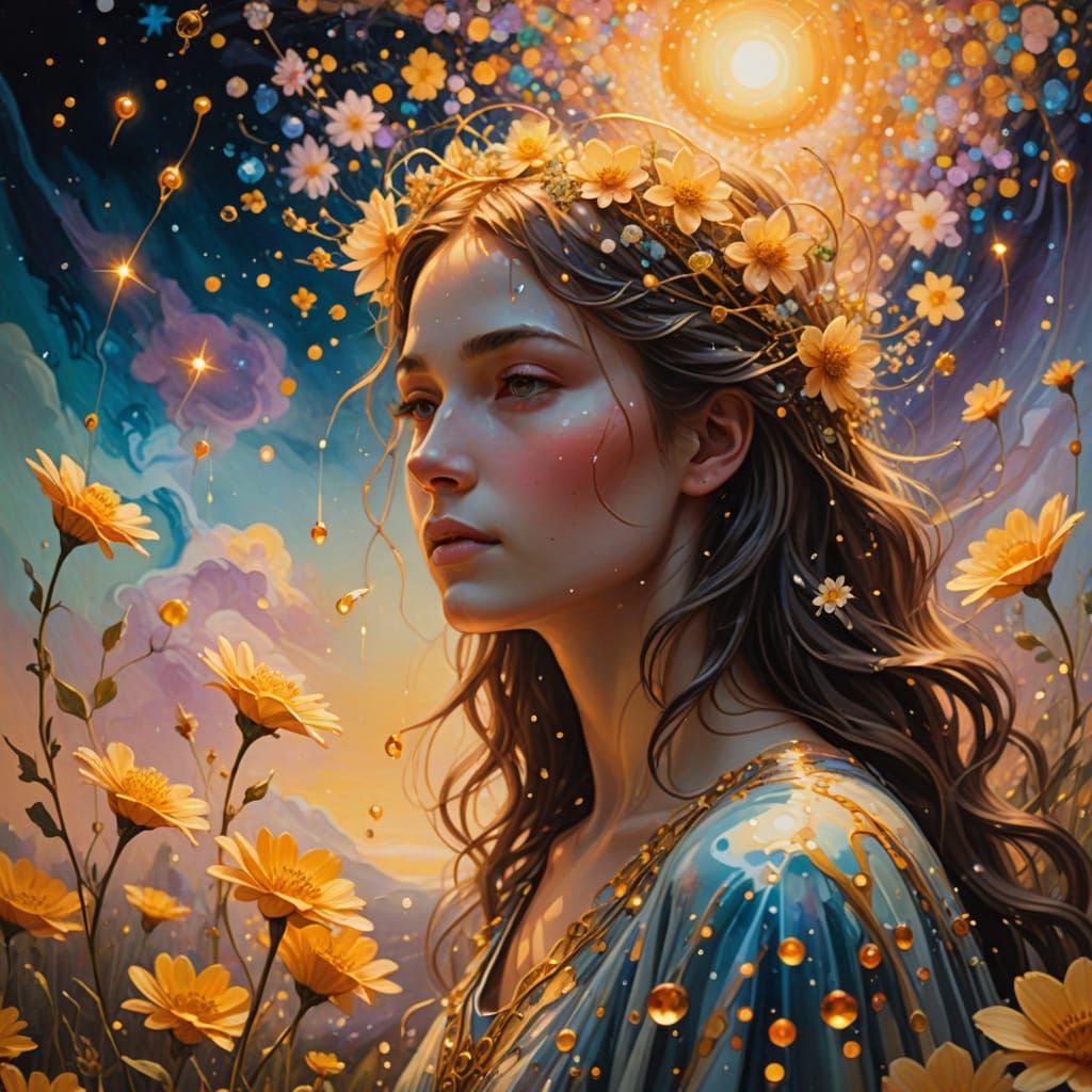 Ethereal Figure in Luminous Dawn Landscape, Oil Painting