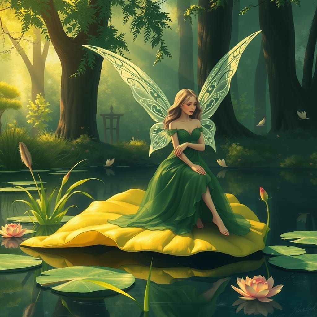 Contemplative Fairy by Pond in Ethereal Light