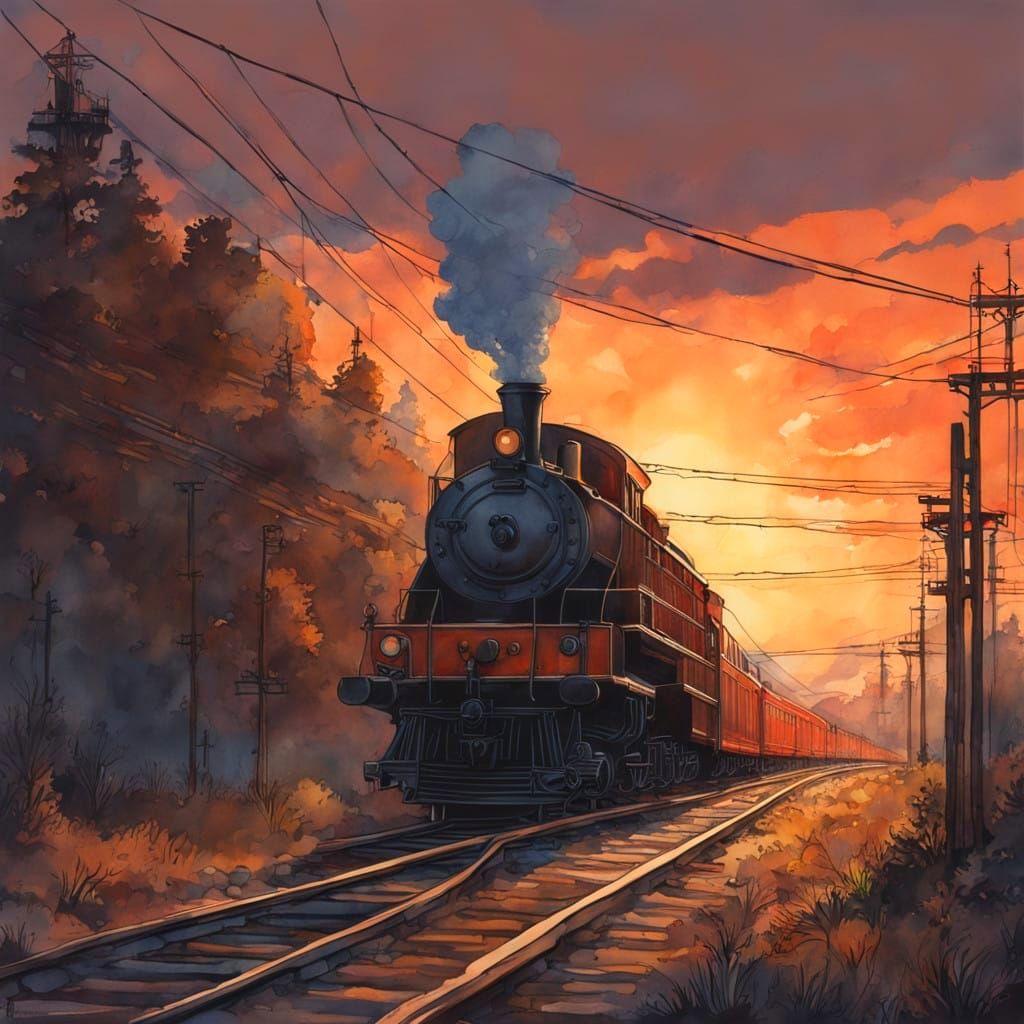 Surreal Train Chugs Over Waterfall in Vibrant Sunset colors