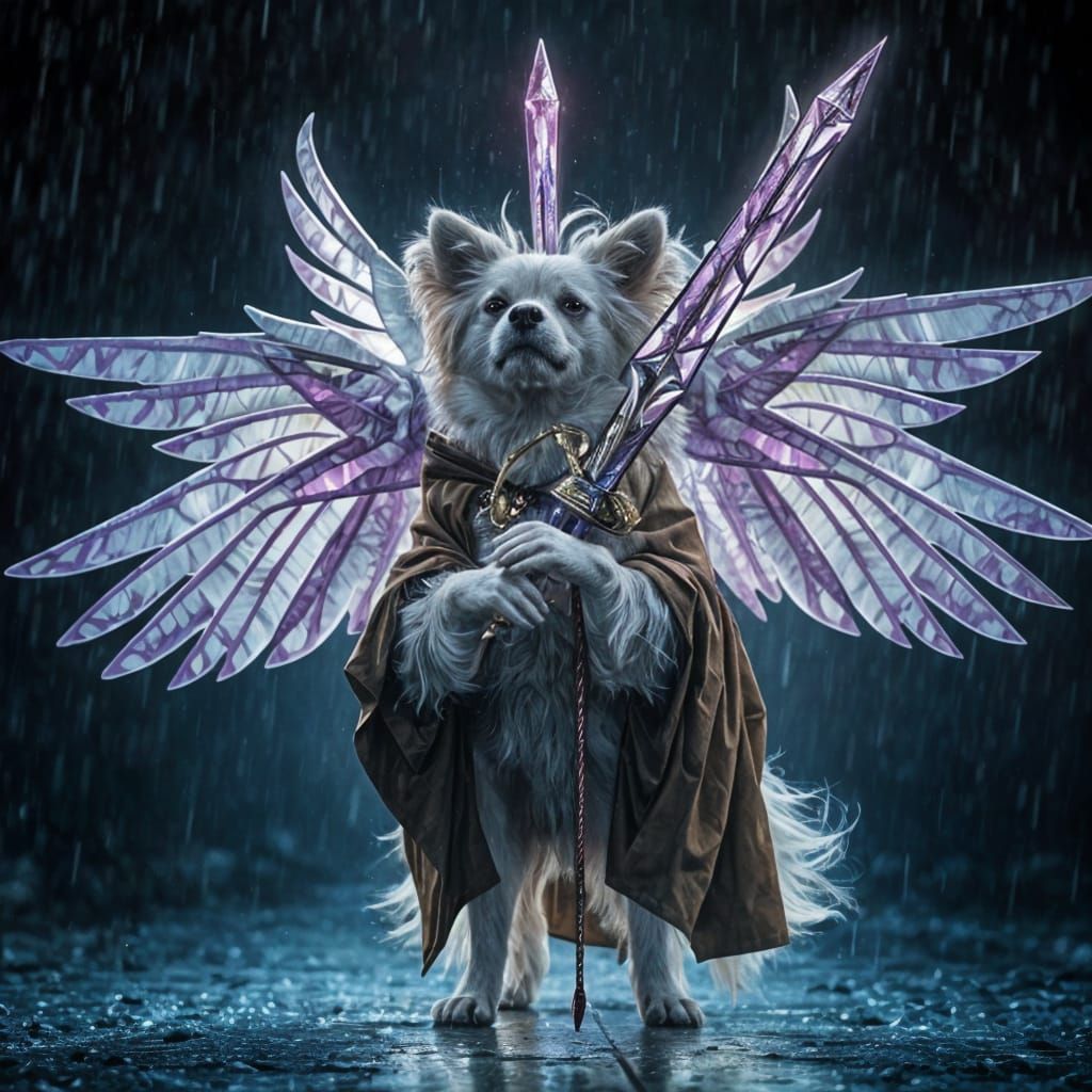 Mystical Wizard Warrior in Futuristic Cloak, Holding Shining...