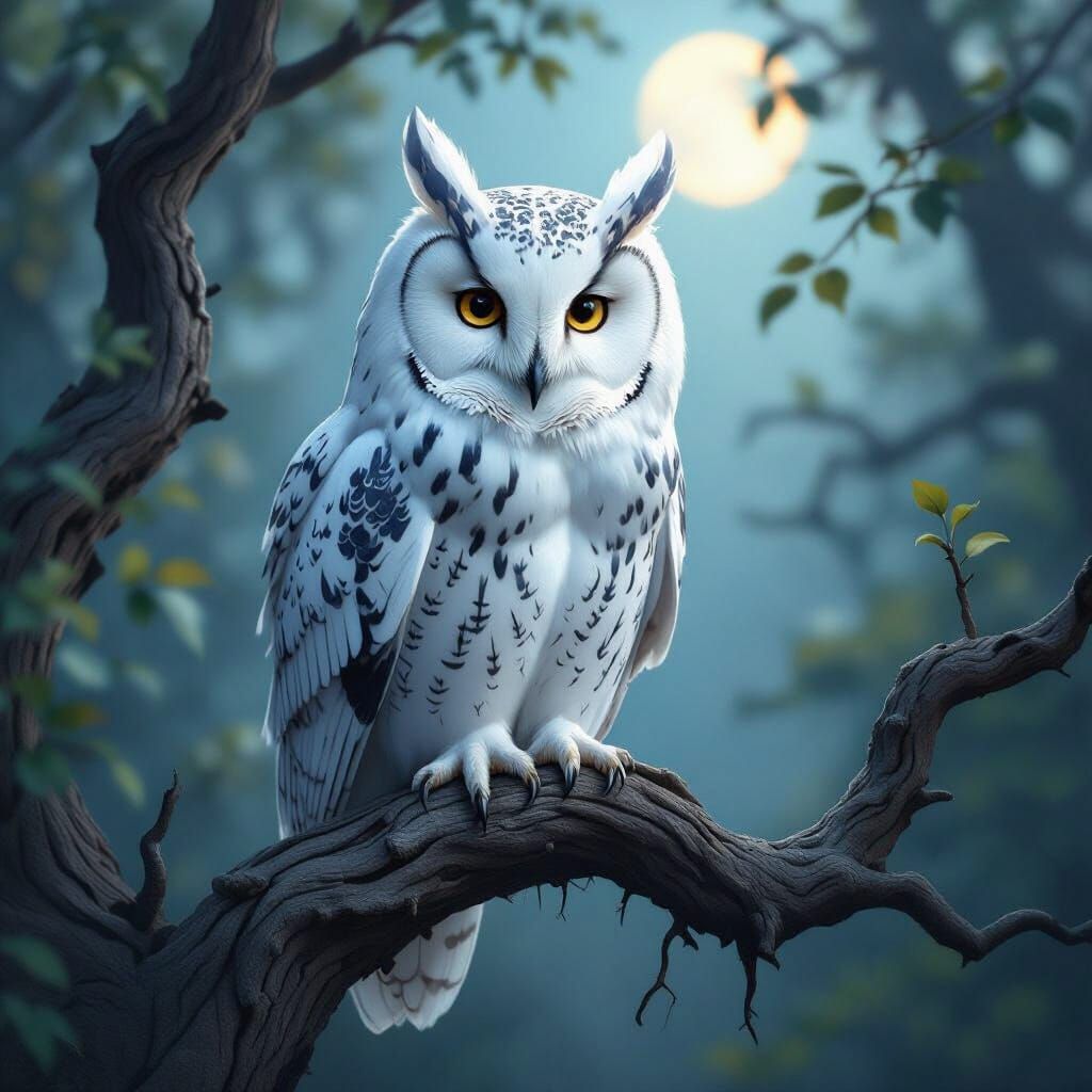 Geometric Feathered Owl in Hyperrealistic Twilight Forest