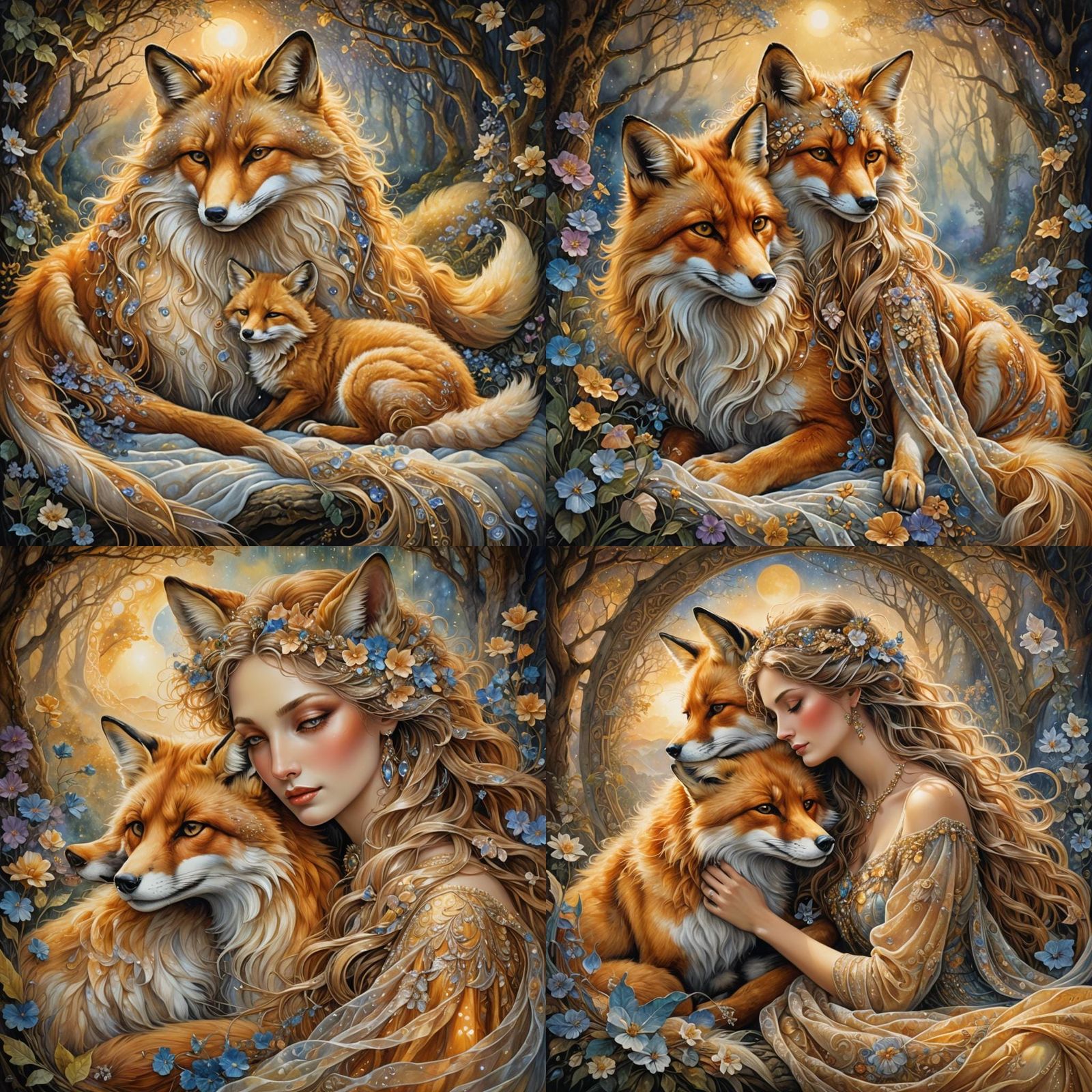 Kind Fox Protecting Sleeping Beauty in Dreamy Meadow