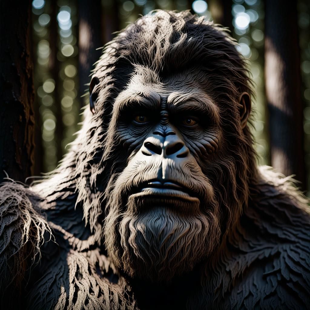 Hyper-Realistic Bigfoot Portrait in Forest at Dusk