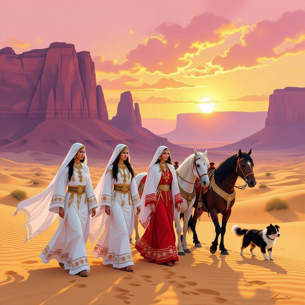 Female Shamans in Gold Desert Landscape