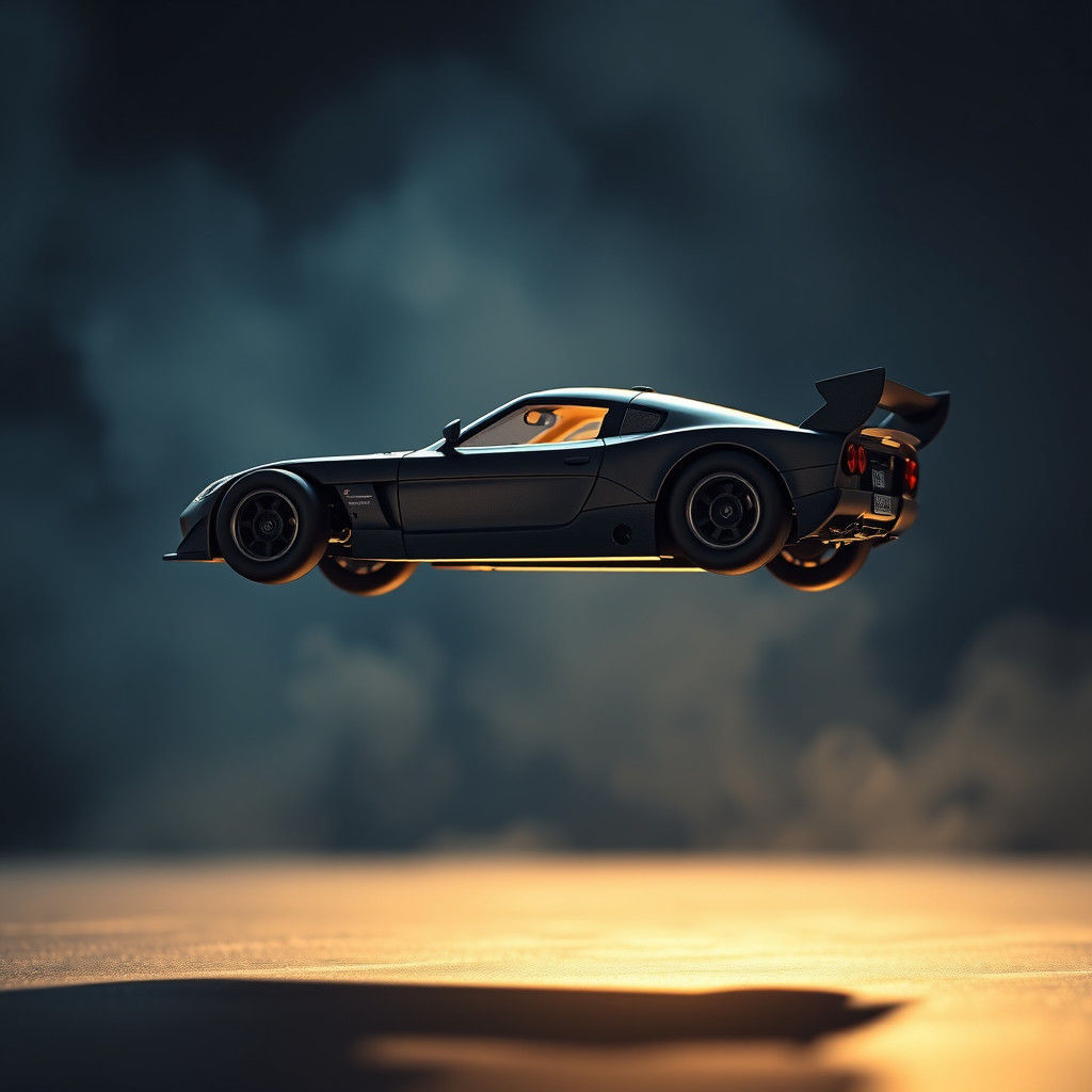 Metallic Toy Car Soaring in Atmospheric Golden Light