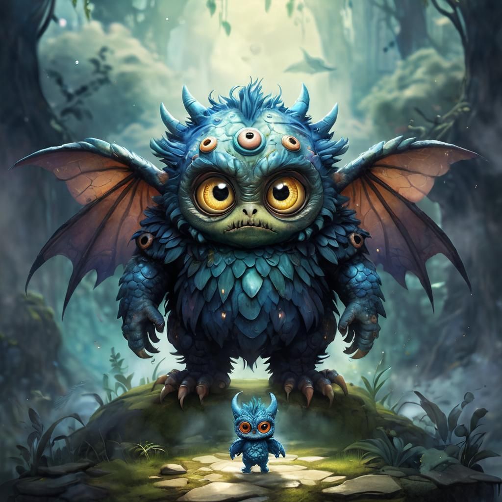 Adorable Winged Chibi Monster in Watercolor Style