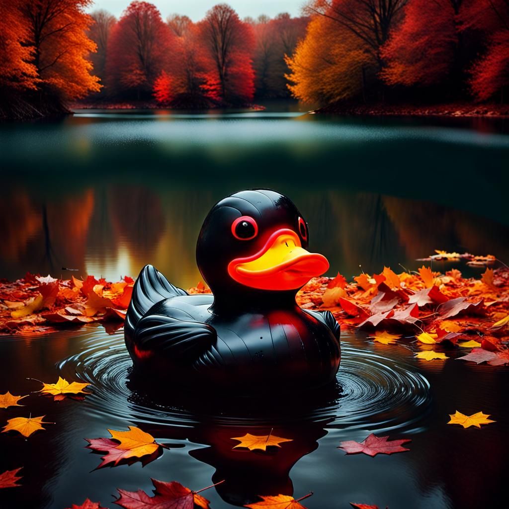 Sinister Demonic Rubber Duck in Surreal Autumn Lake