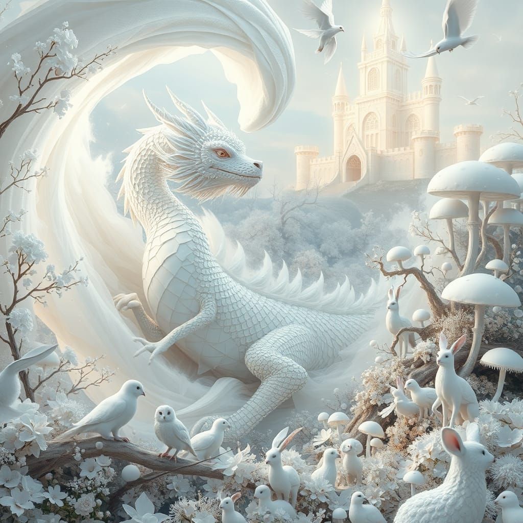 Surreal White Dragon in Dreamlike Landscape